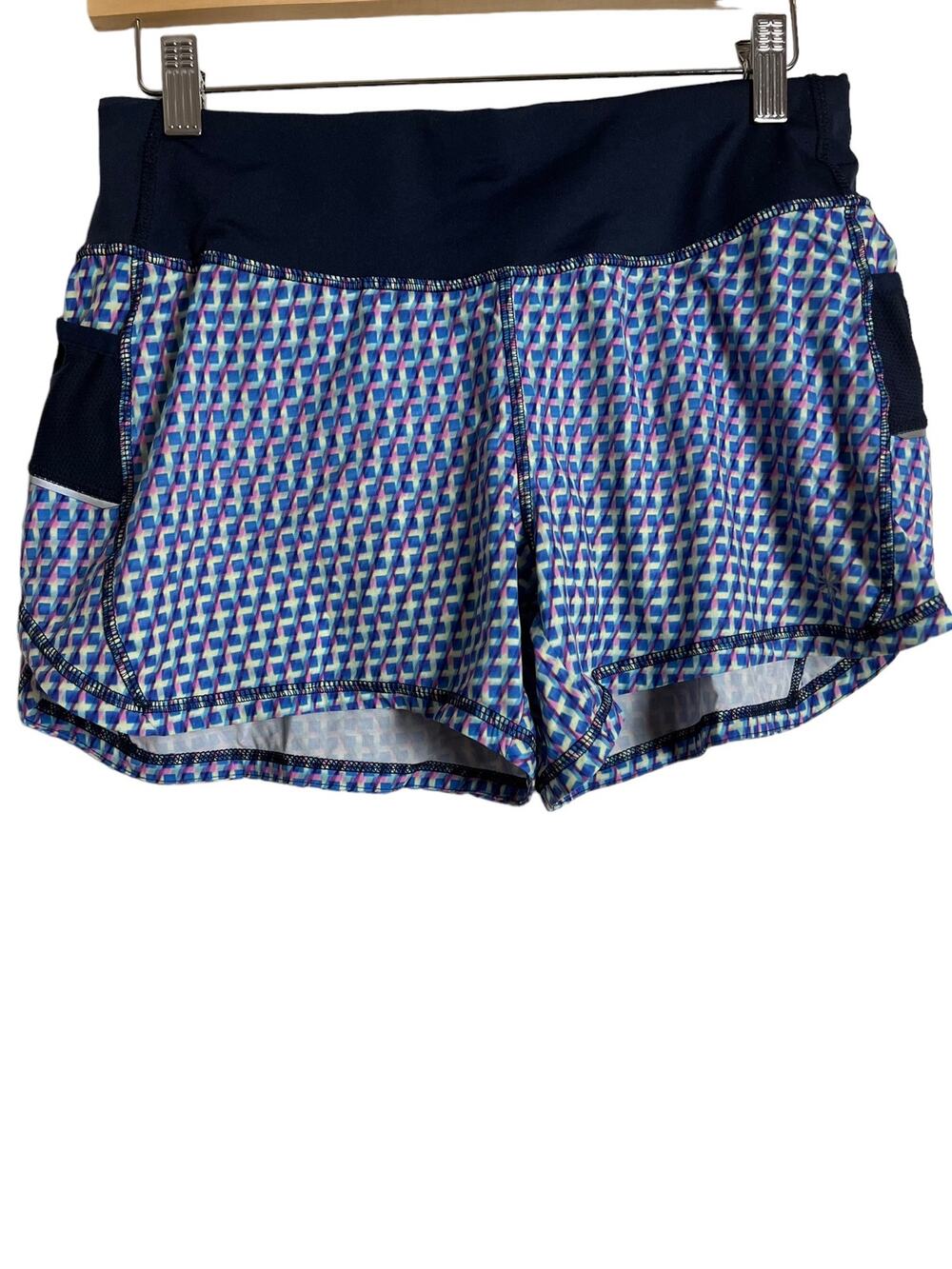 Athleta Vivid Ready Set Go Blue Geometric Print Athletic Running Shorts Size S